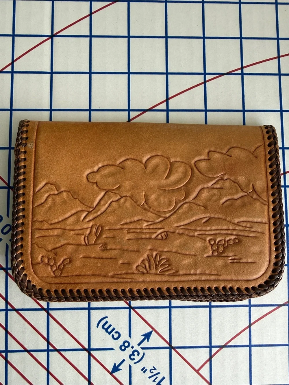 Vintage Hand Tooled Leather Wallet Clutch Southwestern Desert Cactus Whipstitch